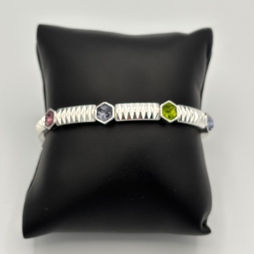 Jewel Tone Bracelet Silver Tone Multi-Color Crystal Textured Geometric